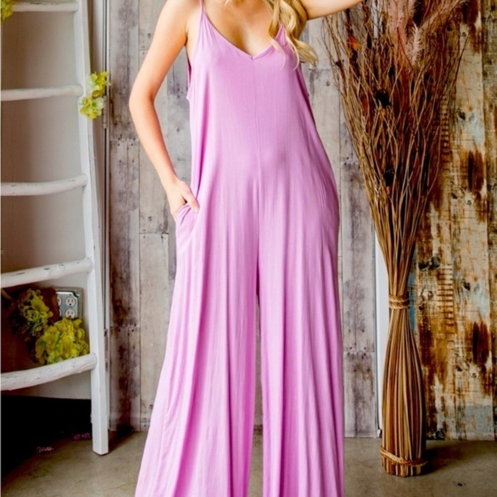 Pocketed Spaghetti Strap V-Neck Wide Leg Jumpsuit